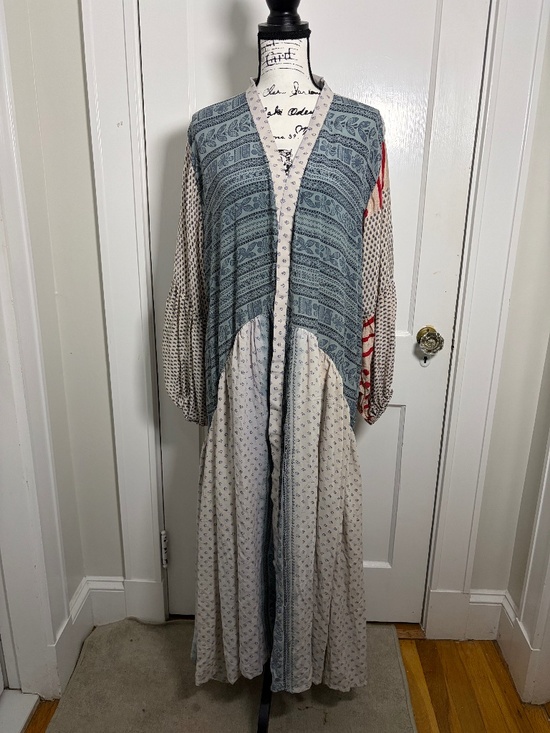 Kantha Bae Other - Kantha Bae Evermore Kimono Cream Blue Mixed Print Crepe Sari Long Duster